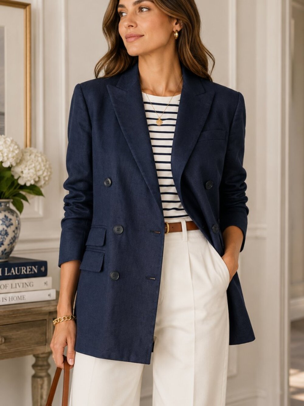 Lauren Ralph Lauren Navy Linen Double Breasted Blazer Jacket Size 4